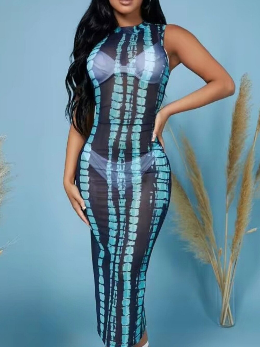 Sheer Mesh Bodycon Midi Dress Swim Cover